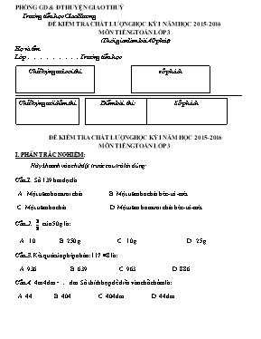 Đề kiểm tra chất lượng học kỳ I môn Toán Lớp 3 - Năm học 2015-2016 - Trường TH Giao Hương
